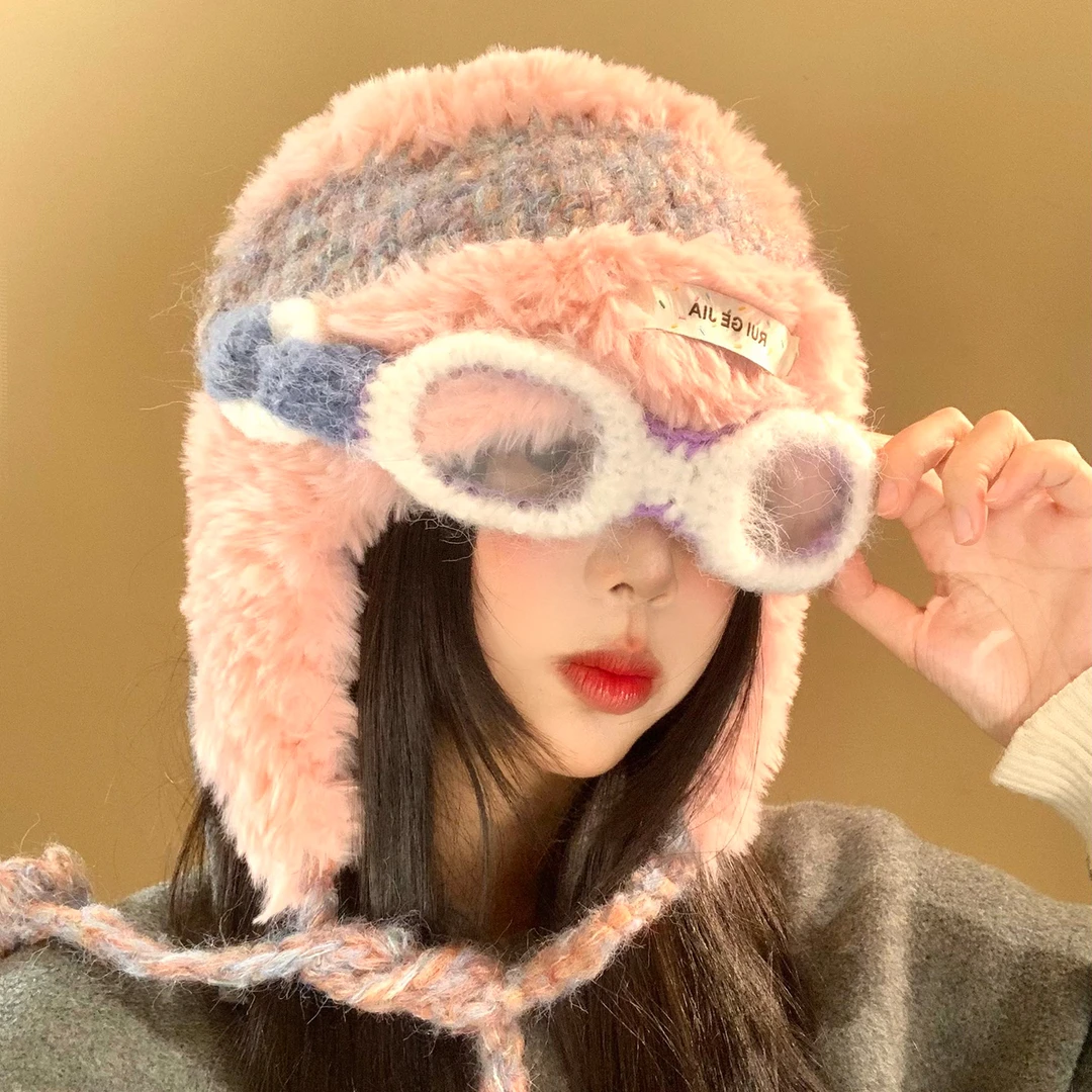 粉色眼镜毛绒针织护耳帽女冬季可爱显脸小搞怪飞行帽护耳毛线帽子