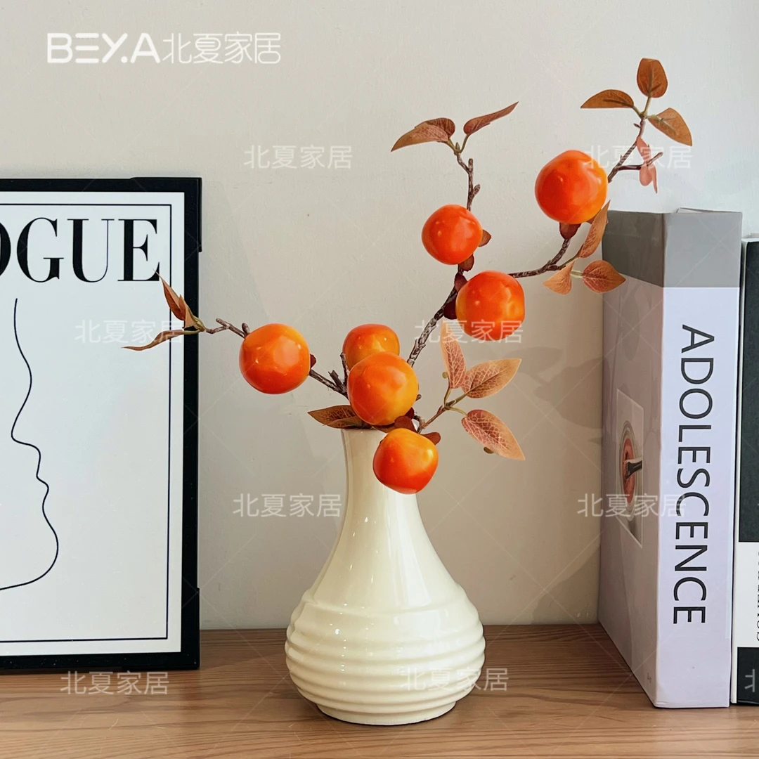 仿真柿子果实树枝柿柿如意插花摆件高档乔迁花束客厅装饰干花摆设