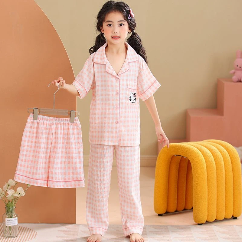 女童睡衣夏季薄款短袖长裤卡通凯蒂猫儿童公主风云朵棉宝宝家居服