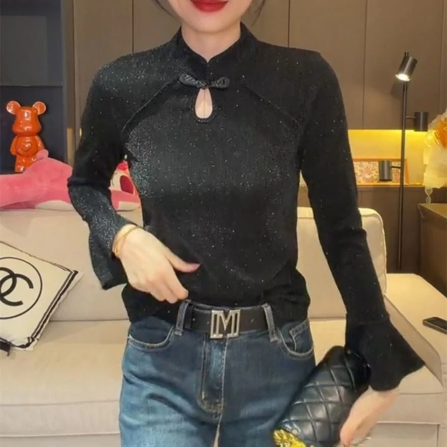 满天星新中式烫钻亮丝喇叭袖高级闪亮遮肉显瘦淑女设计高端打底衫