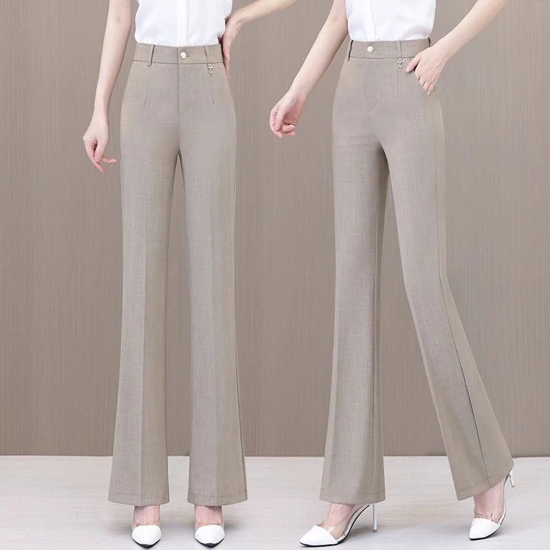 打扮时刻冰丝微喇裤女2025夏季新款高腰直筒薄款休闲西装喇叭裤子