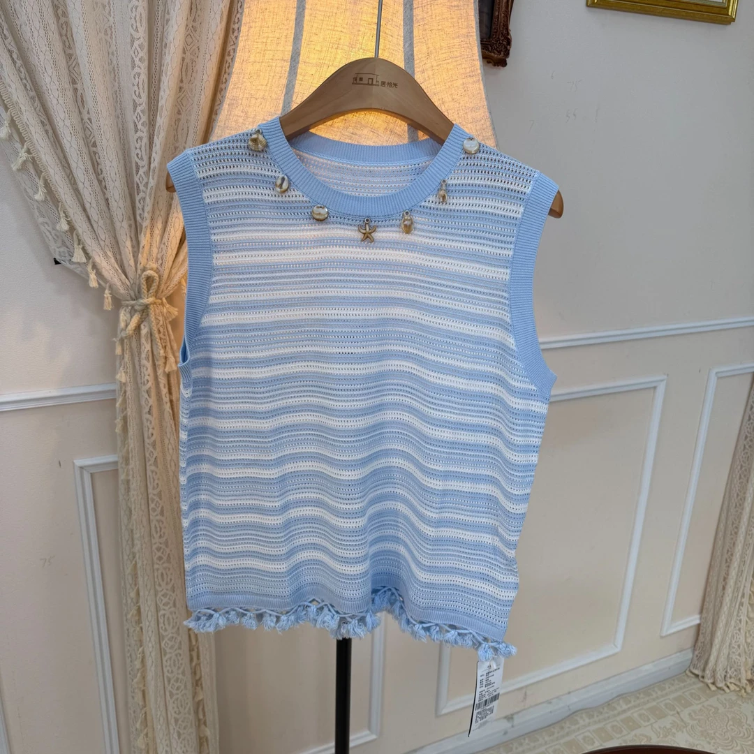 西町村屋清新条紋流苏针织背心XAAB10658