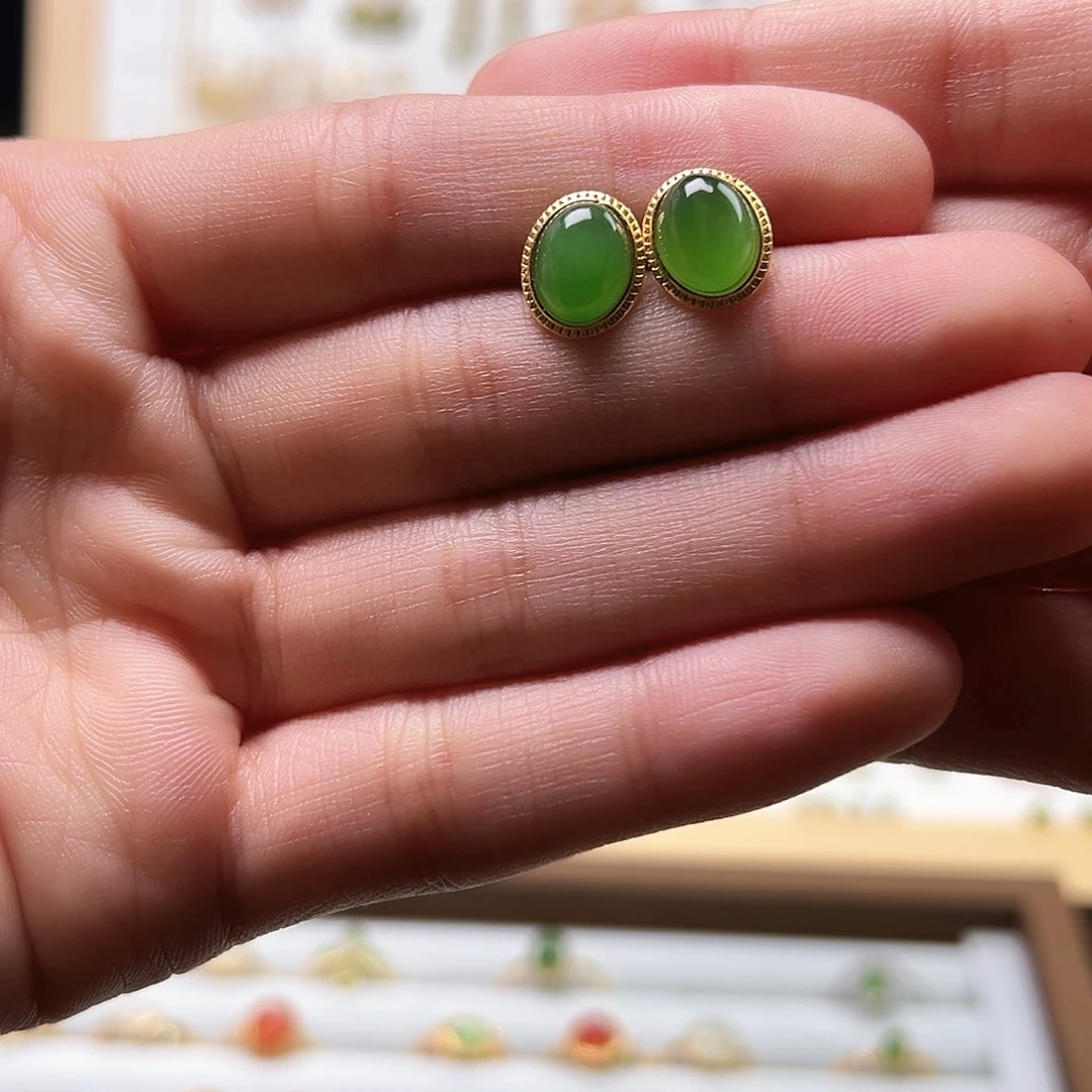 银S925镀金镶嵌和田玉耳饰雾***水