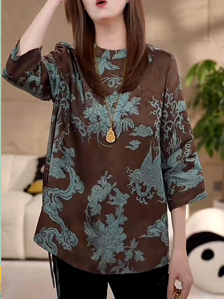 新中式咖色花萝人丝提花衬衫女士洋气老钱风减龄唐装上衣