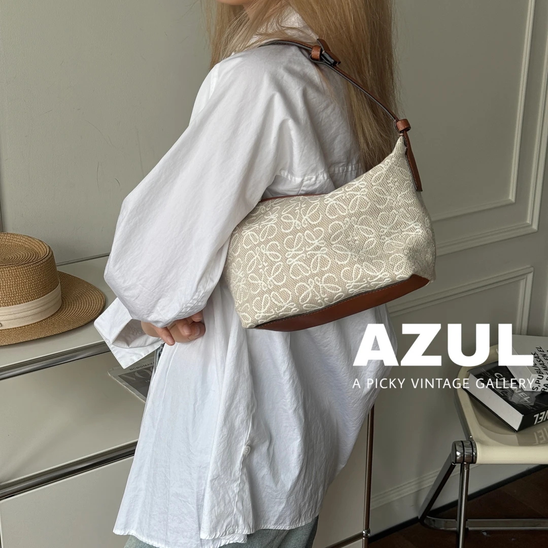 95新 LOEWE/罗意威 Azul-米色提花布面拼皮cubi小号饭盒包42575