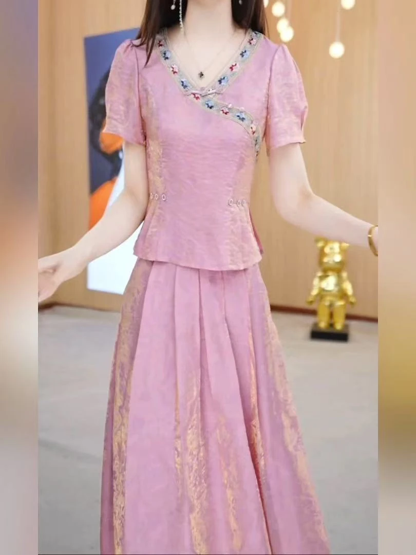 F238 高端洋气两件套2025新款夏季高腰显瘦气质新中式国风