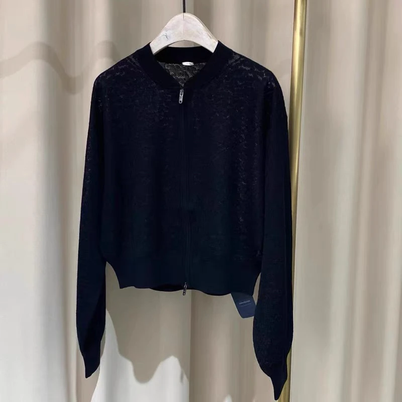 25新款精纺羊毛立体浮雕轻薄微透感针织棒球领防晒拉链开衫