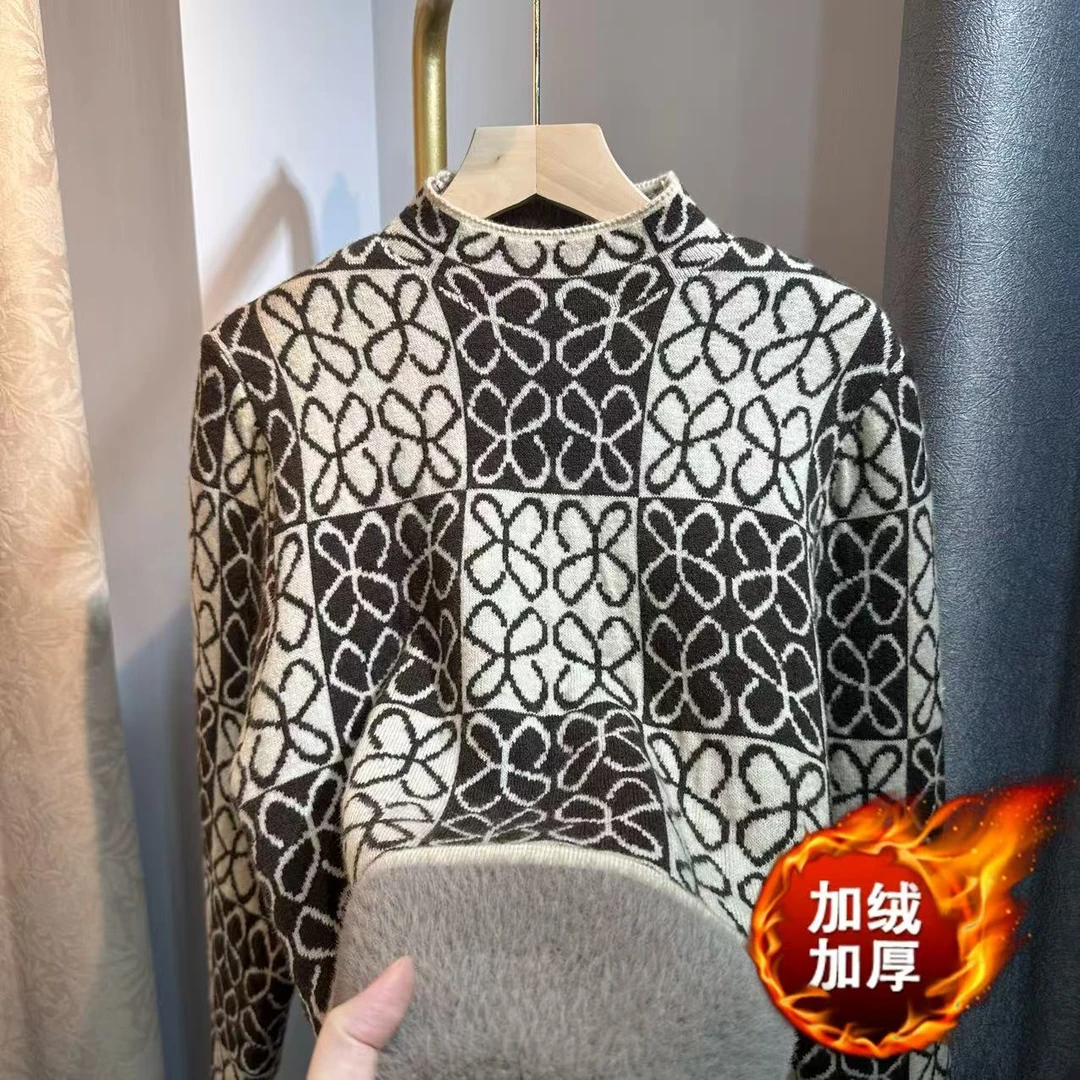 【加绒加厚】半高领幸运四叶草拼色格子2025冬款针织套头毛衣打底衫