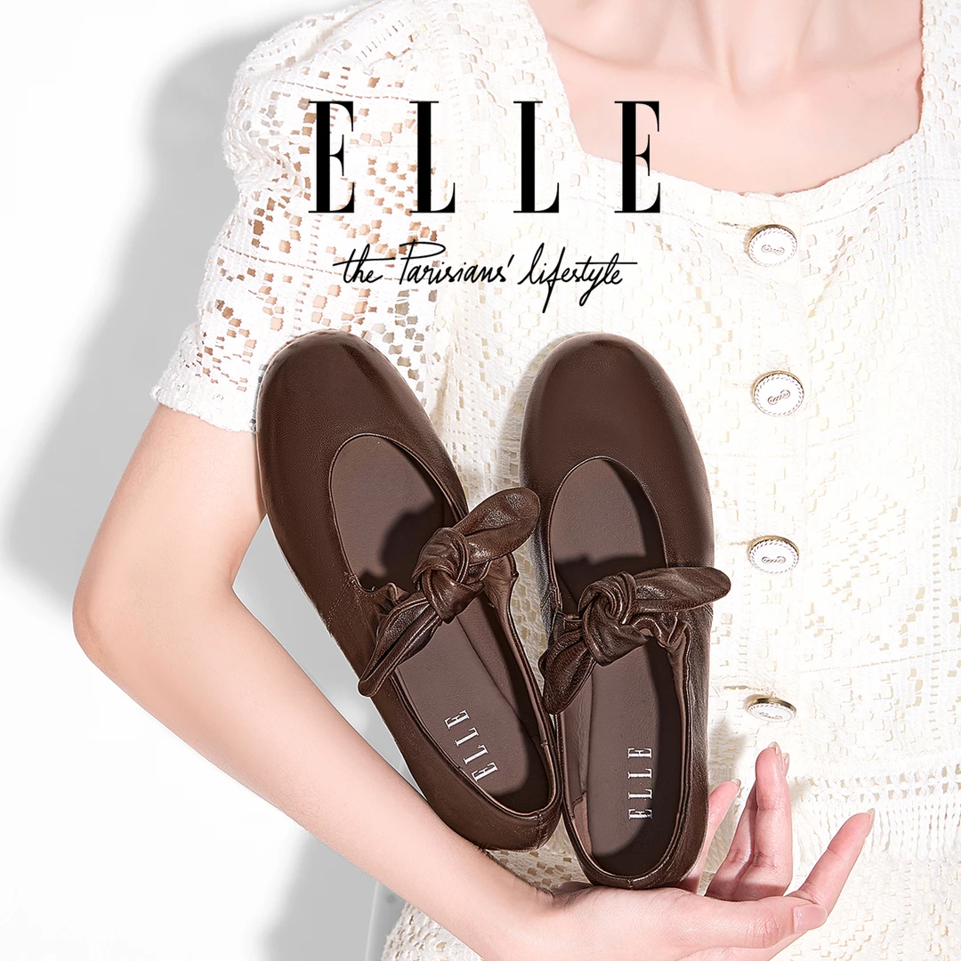 ELLE小香风真皮舒适浅口平底单鞋女蝴蝶结绑带舞蹈鞋圆头芭蕾舞鞋