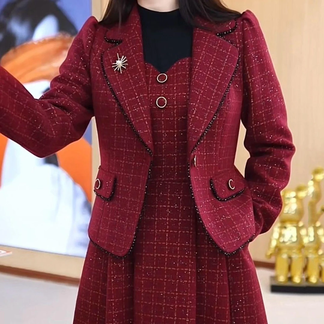 洋气妈妈高档套装女春秋季新款高级气质小香风西装连衣裙两件套女