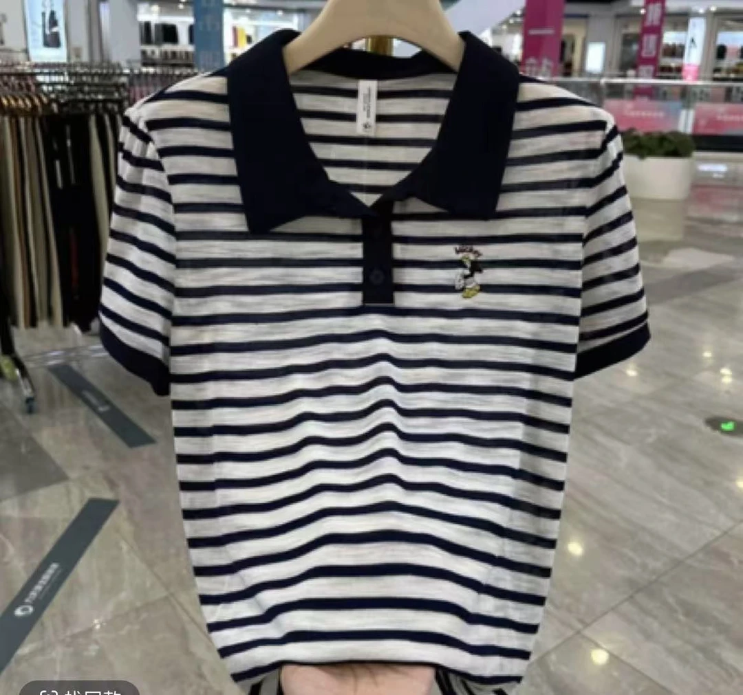 【媛媛家】条纹拼接针织POLO衫翻领短袖