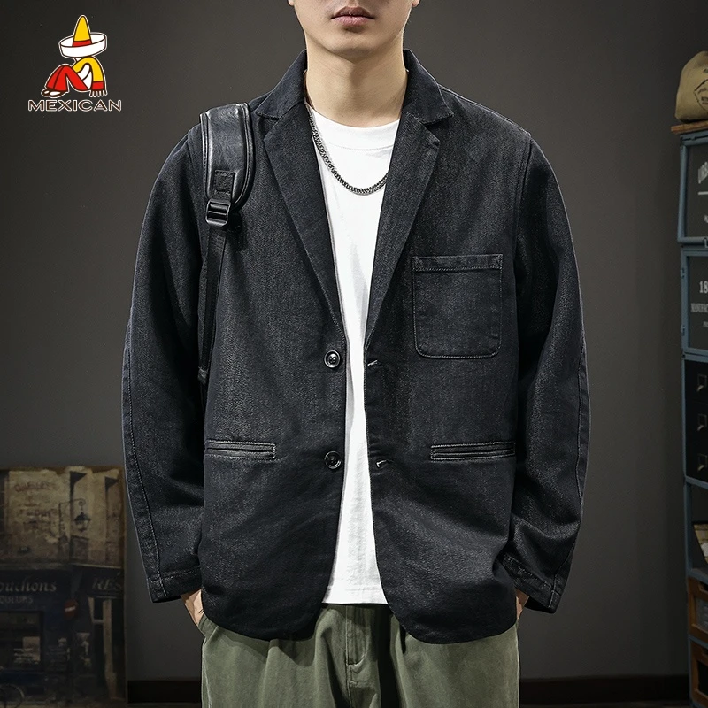 Mexican/稻草人春季莱赛尔牛仔西装男士高级感平驳领长袖西服外套