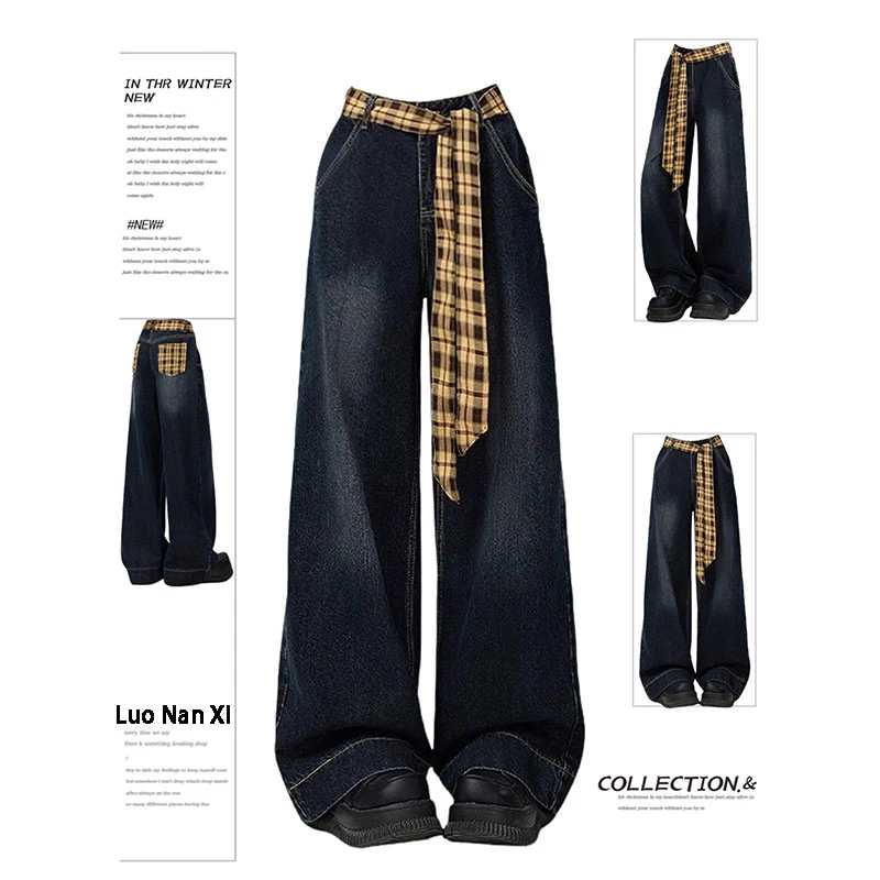 特大码复古格子绑带牛仔裤女秋季新款胖mm宽松显瘦梨型身材阔腿裤