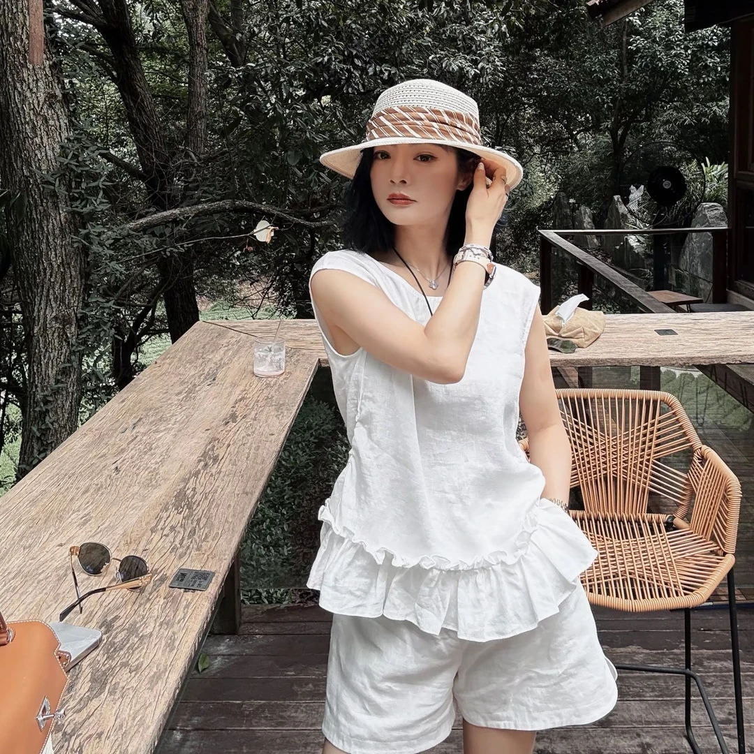 TheLOE/100亚麻夏季圆领无袖衬衫减龄上衣两件套#06.13TZ-G5872
