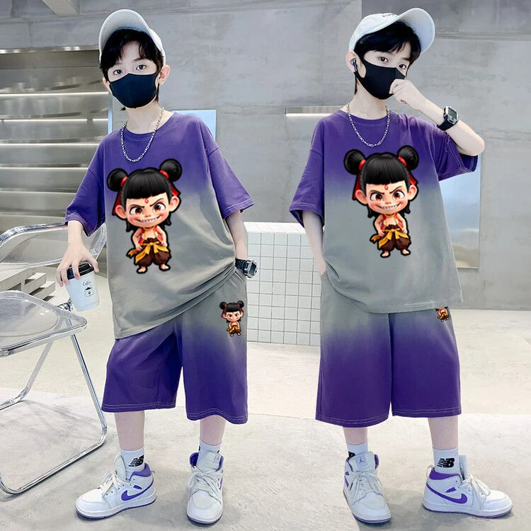 哪吒魔童敖丙服装童装儿童短袖套装夏季圆领男童渐变两件套