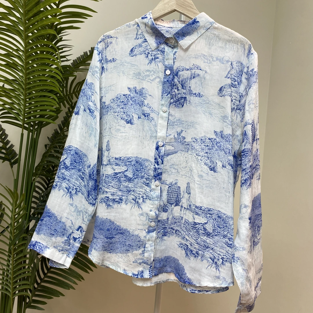 【国风青花瓷印花苎麻衬衫】3411