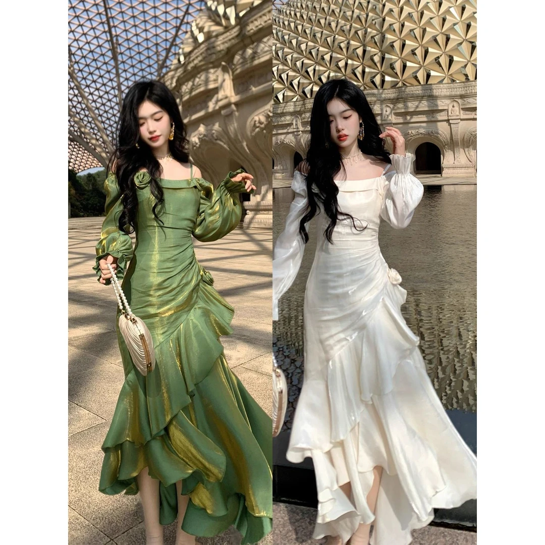 绮梦晚宴法式温柔风人鱼姬裙摆鎏光雪一字肩女生韩系ins衣服