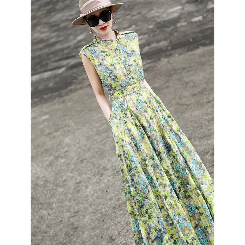 夏季春夏印花度假裙长裙显瘦通勤法式长款复古女装气质连衣裙961
