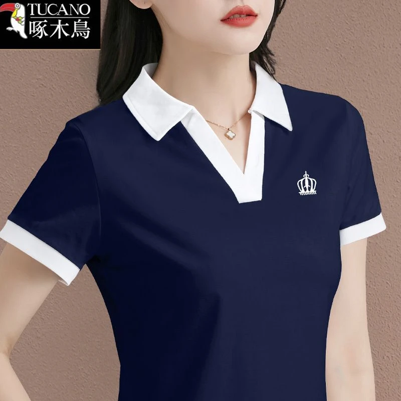 啄木鸟正品2025年新款短袖撞色翻领T恤女夏季潮流气质设计感上衣
