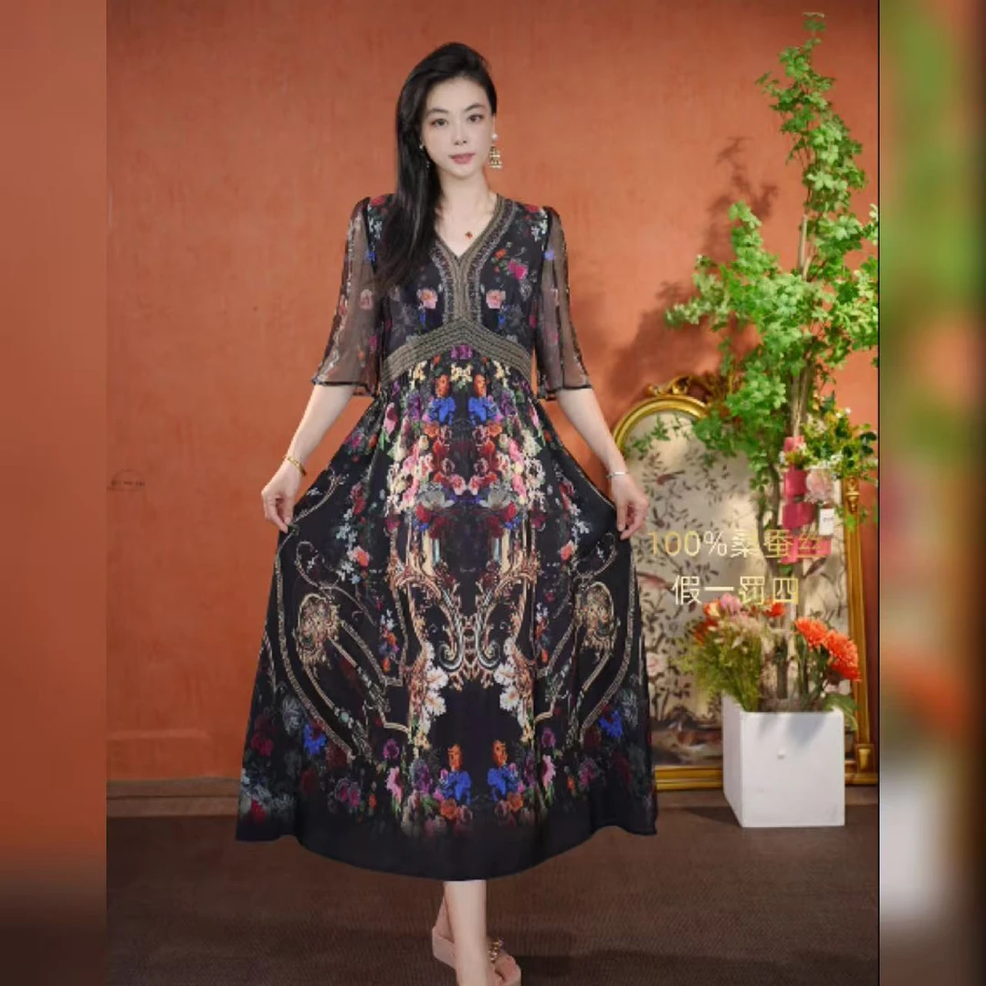 【多米拉】长裙黛绮V领桑蚕丝黑色气质复古夏季高级连衣裙时尚裙子