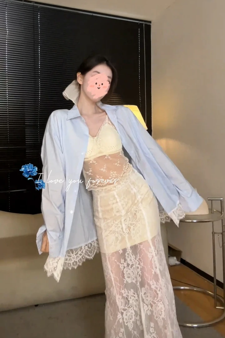 里冰岛慕斯宽松百搭蕾丝衬衫/显瘦长款蕾丝半身裙百搭纯欲美背