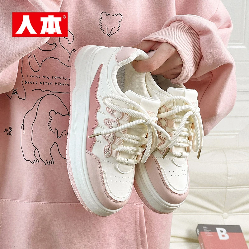 人本厚底板鞋女2025新款春季学生休闲百搭运动鞋面包鞋时尚小白鞋
