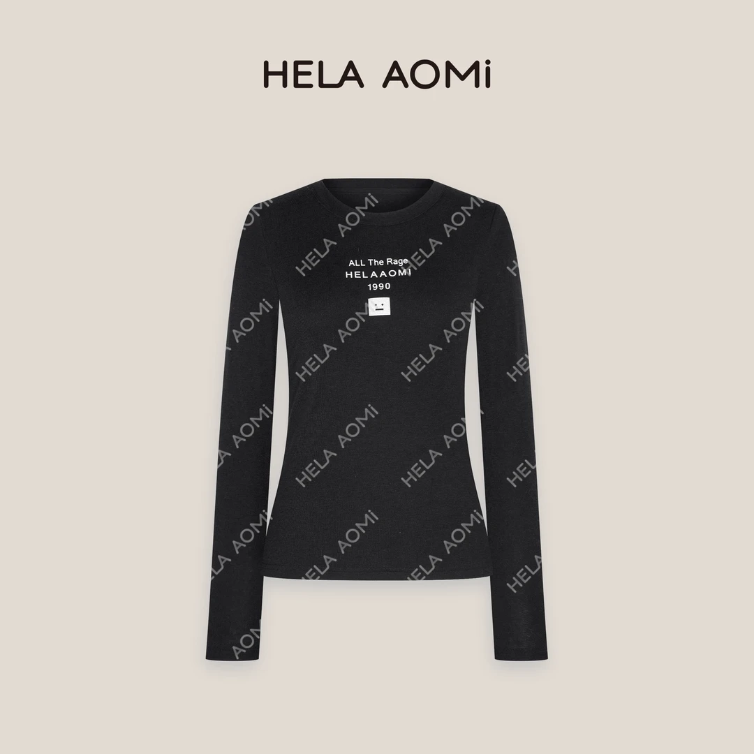 HELA AOMI“烫钻字母t”莱赛尔羊毛柔软平滑亲肤撒银工艺印花T恤