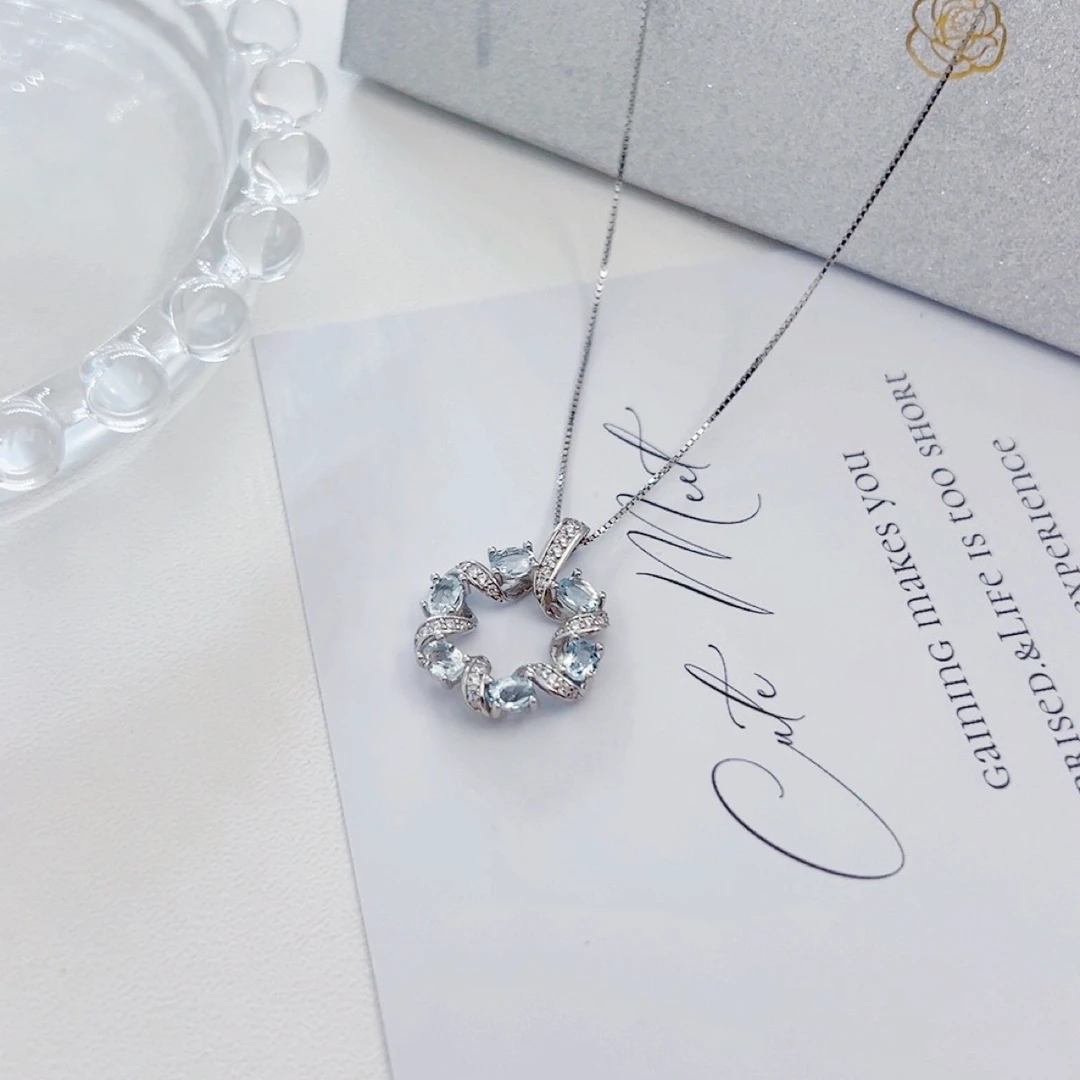 天然海蓝宝石吊坠   甜甜圈    主石3*4mm/6粒     S925银镶