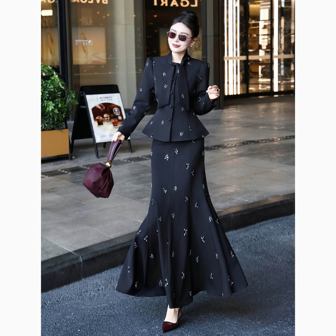 ZEROYK经典法式香风显白气质套装高级感重工钉钻西服鱼尾裙两件套