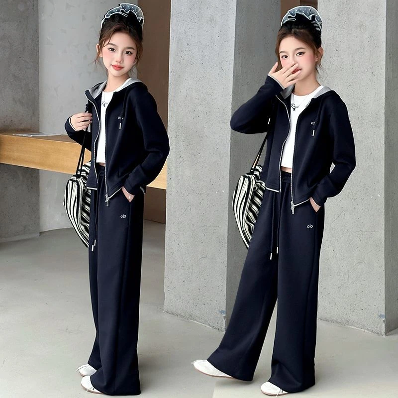 女童连帽春秋装套装2025新款儿童拼色开衫长裤中大童学生装两件套