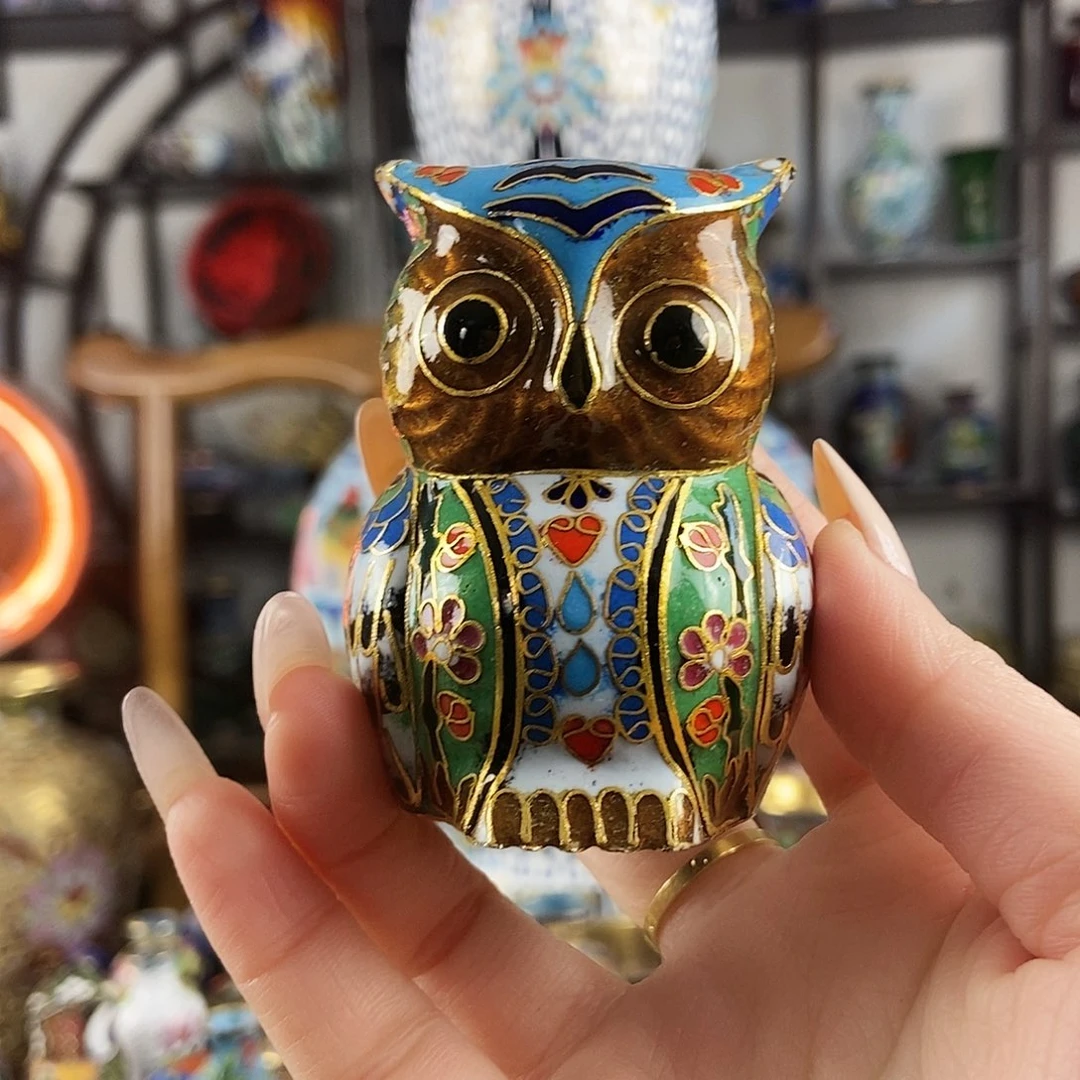 雨***飞铜景泰蓝猫头鹰摆件