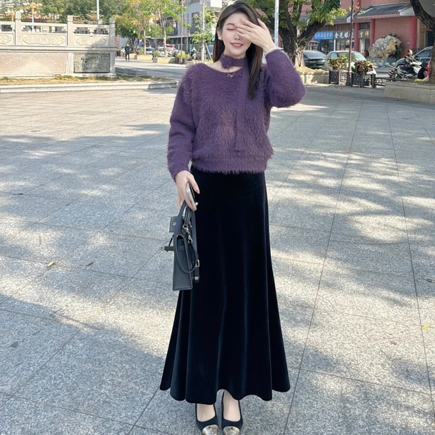 【一路生花】秋冬女新款水貂绒针织衫慵懒风高级感气质宽松圆领毛衣