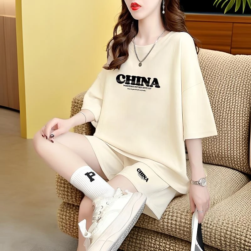 国潮气质休闲运动套装女夏季新款时尚洋气宽松显瘦短袖短裤两件套