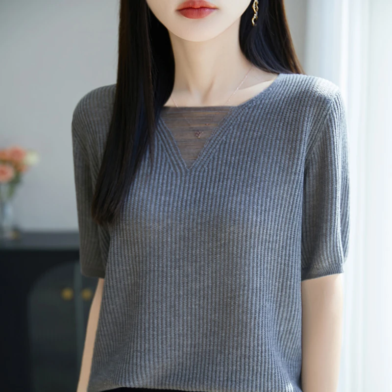 品牌夏季新款设计感镂空纯色短袖针织衫女百搭上衣T恤