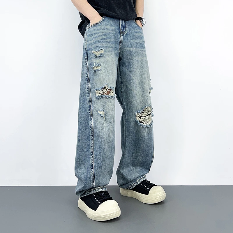 破洞弯刀牛仔裤男款夏季新款爆款潮牌宽松直筒百搭休闲阔腿长裤子