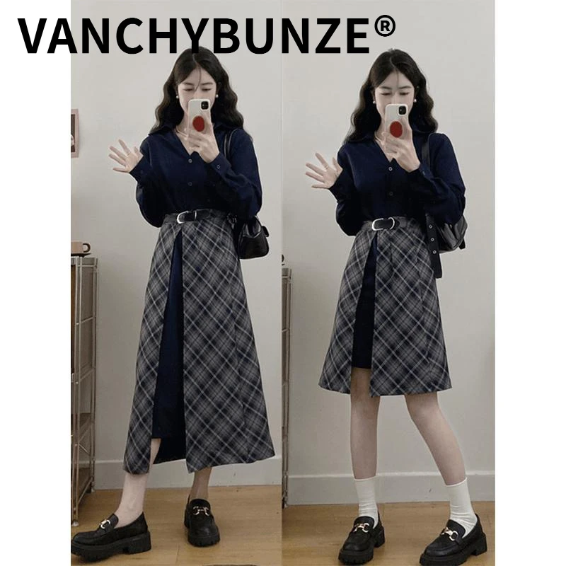 BUNZE 2025春秋新款拼接收腰显瘦假两件衬衫连衣裙女复古气质裙子