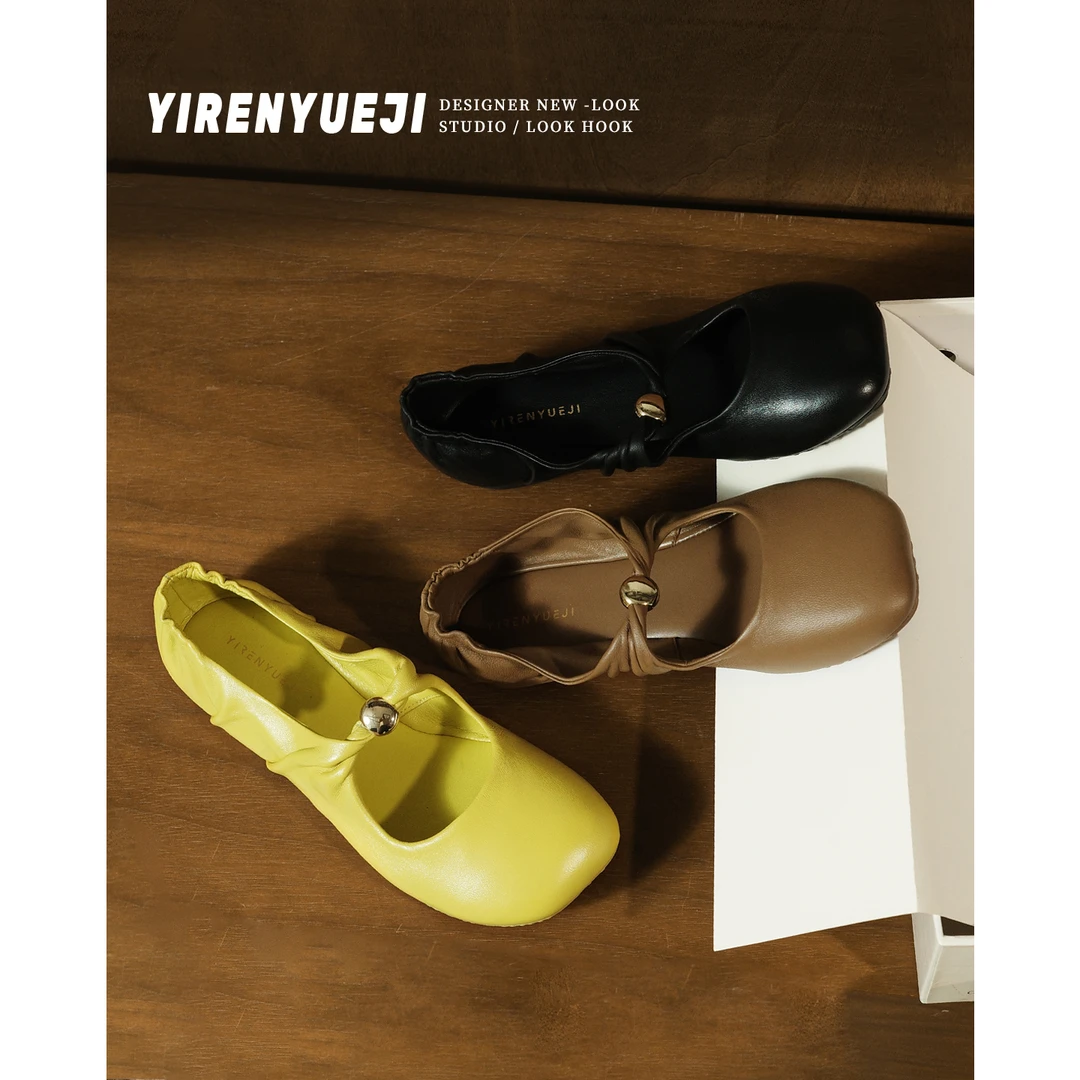 qc陈都灵同款超软羊皮芭蕾舞鞋金属扣浅口平底单鞋女方头奶奶鞋女