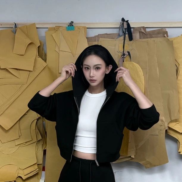 楠楠李原创廓形连帽拉链短卫衣008