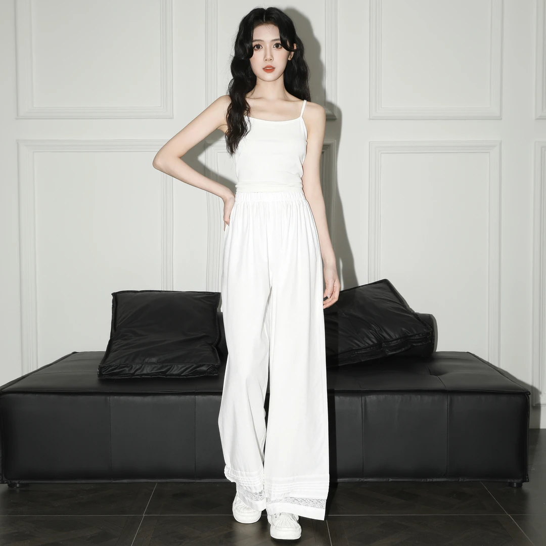 白色直筒休闲裤女夏2025夏季新款蕾丝边拼接垂感阔腿裤小个子长裤