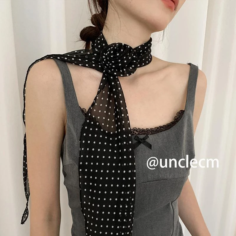 波点多功能丝巾玫瑰花夹子时尚装饰围脖发带港风百搭长款领巾飘带