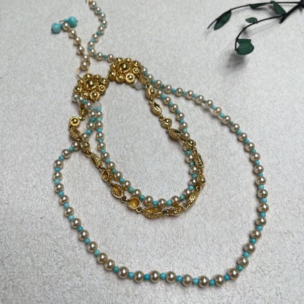 铜合金仿珍珠项链 【六六中古】孤品复古三层项链aw9966