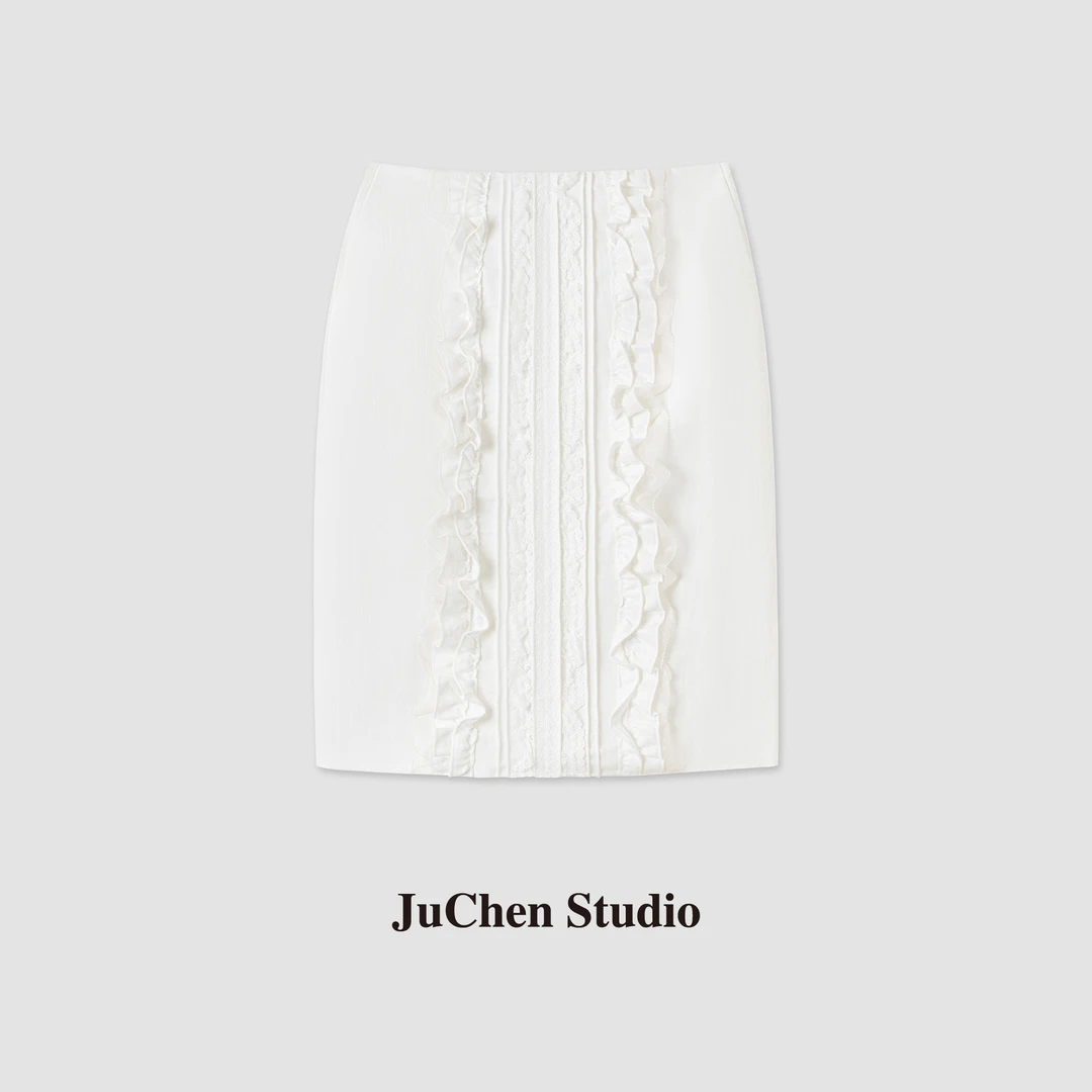 “白雪仙子“手裁多层蕾丝木耳花边显瘦直筒法式白色半身裙SS033984