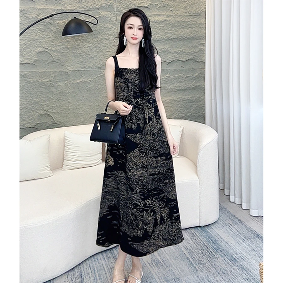 （黑金）吊带连衣裙女长裙夏季新款法式海边度假沙滩碎花裙