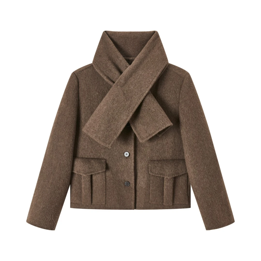 MiiineINS爆火法式高街双面围巾小短款帅气美利诺羊毛呢短外套