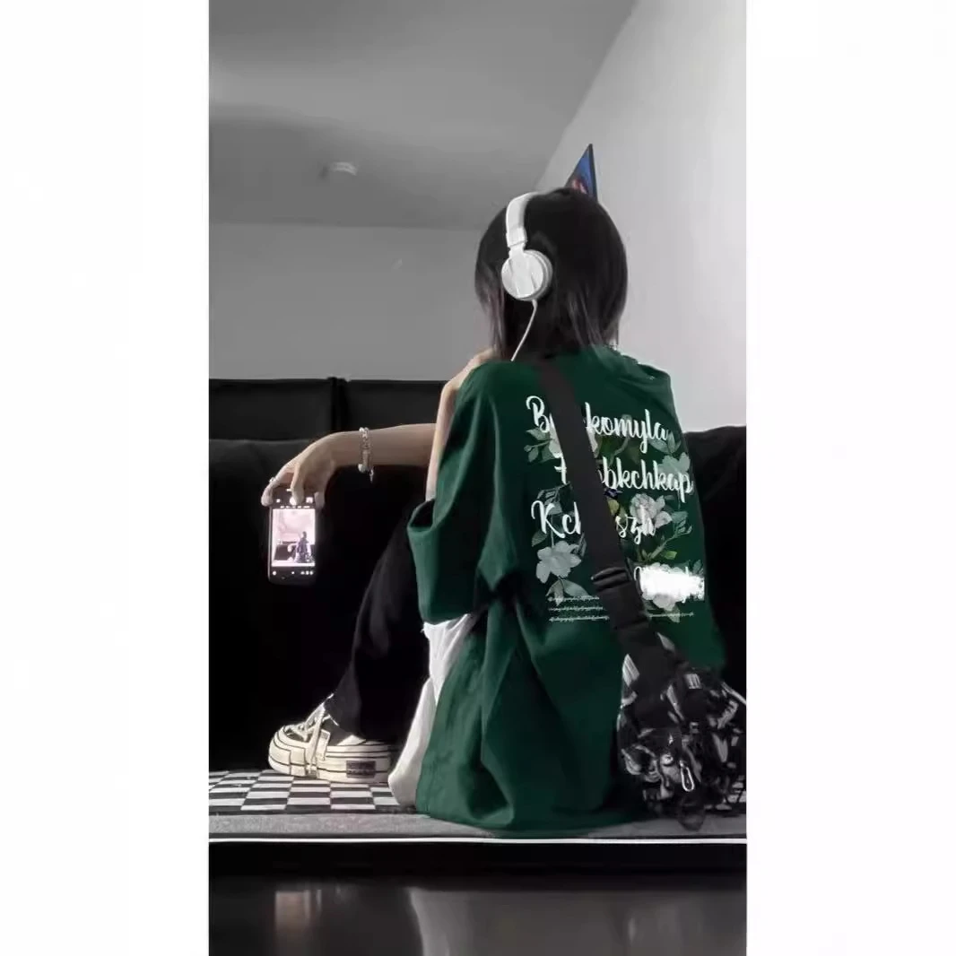美式休闲常规植物花卉夏季绿色T恤高街小众ins印花复古上衣宽松