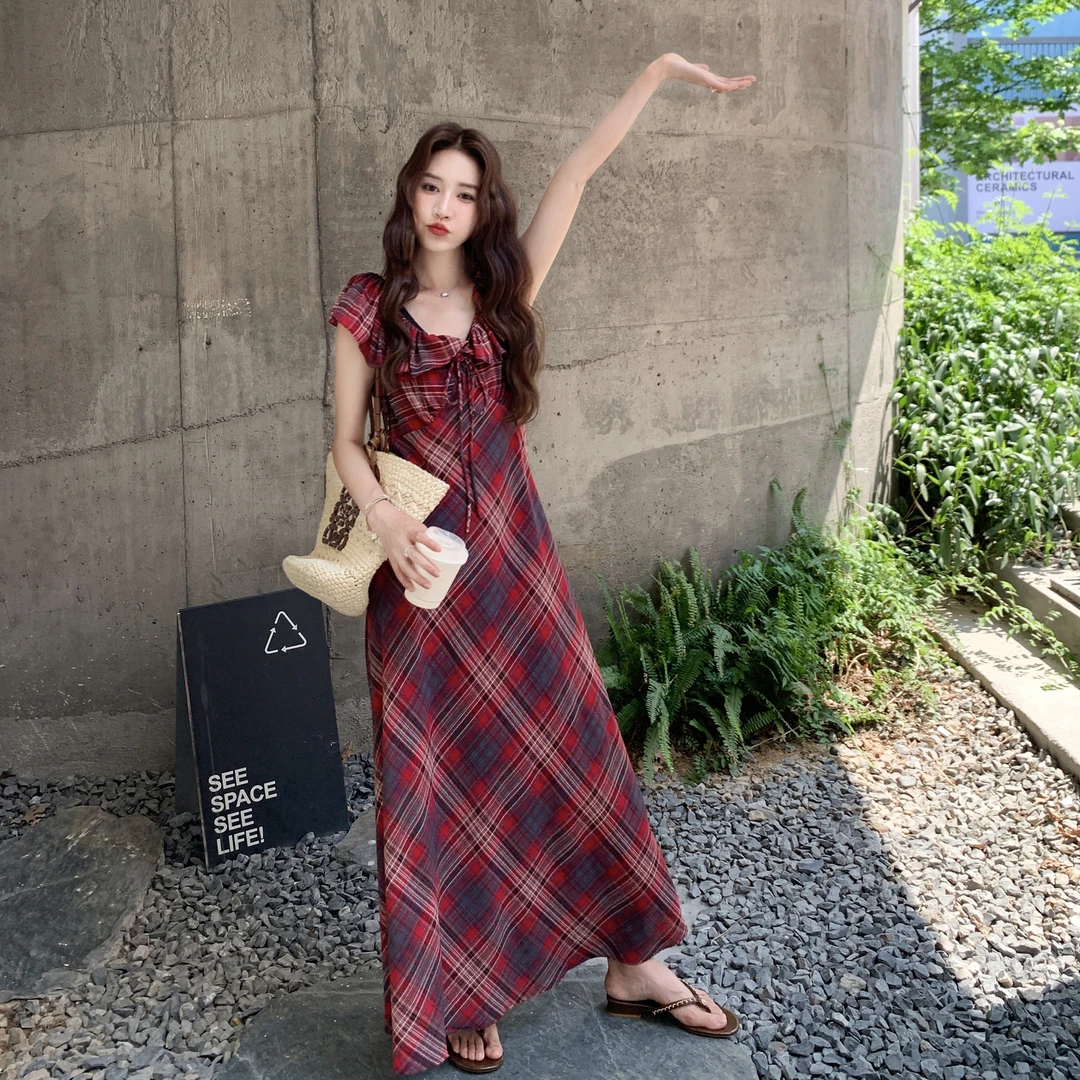 现货！现货！格纹撞色小飞袖收腰连衣裙2C212-G112-P135-K188