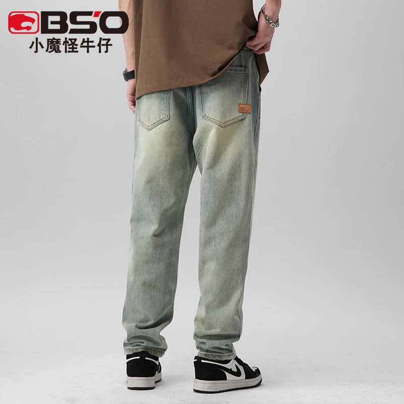 小魔怪2025春季新款美式复古牛仔裤男潮牌宽松直筒休闲大码长裤子