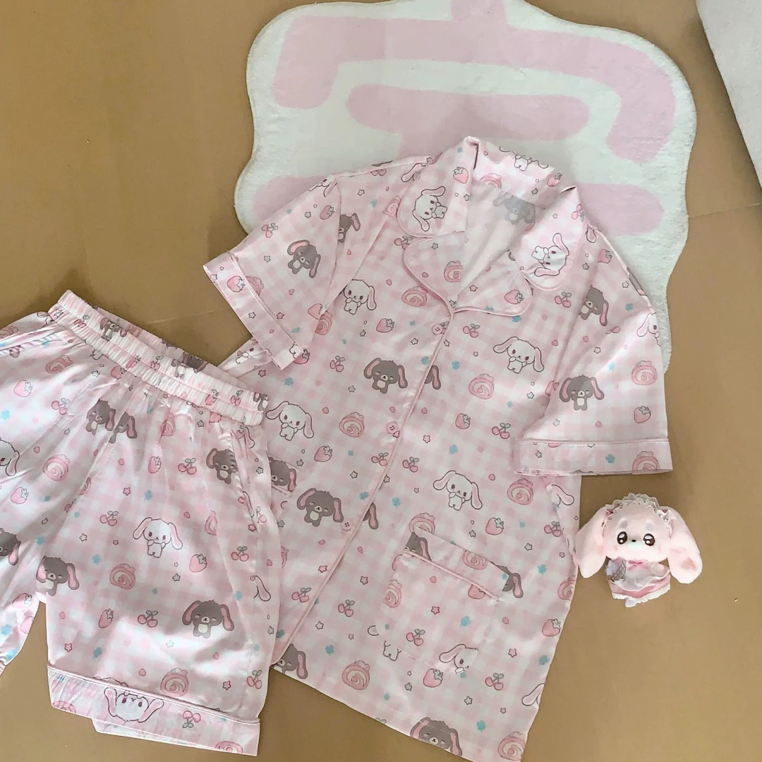 日系玉桂狗睡衣女夏季新款卡通可爱格子学生冰丝短袖家居服套装