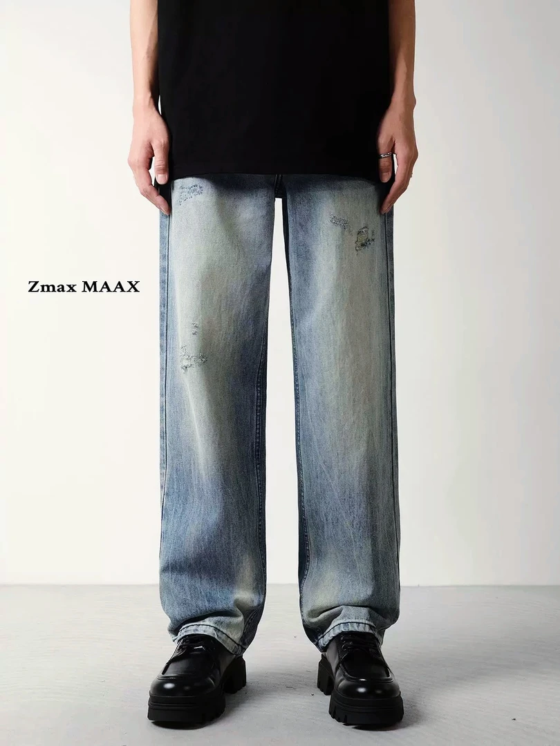 Zmax MAAX『艾尔复兴』夏季新款竹节棉潮牌蓝牛破洞宽松直筒牛仔裤