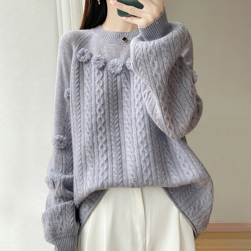 100纯羊毛重工立体花朵针织衫女圆领设计感软糯打底宽松套头衫